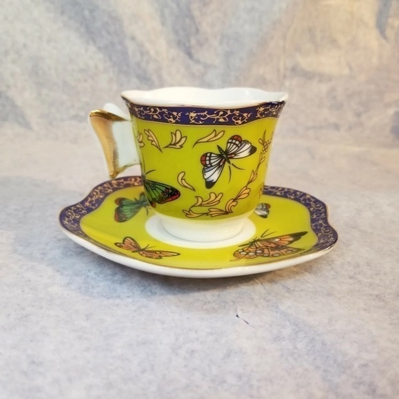 VINTAGE CC &T Mini Cup Saucer Set of 6, Multi-Color Butterfly Wings Handle New - Picture 8 of 10